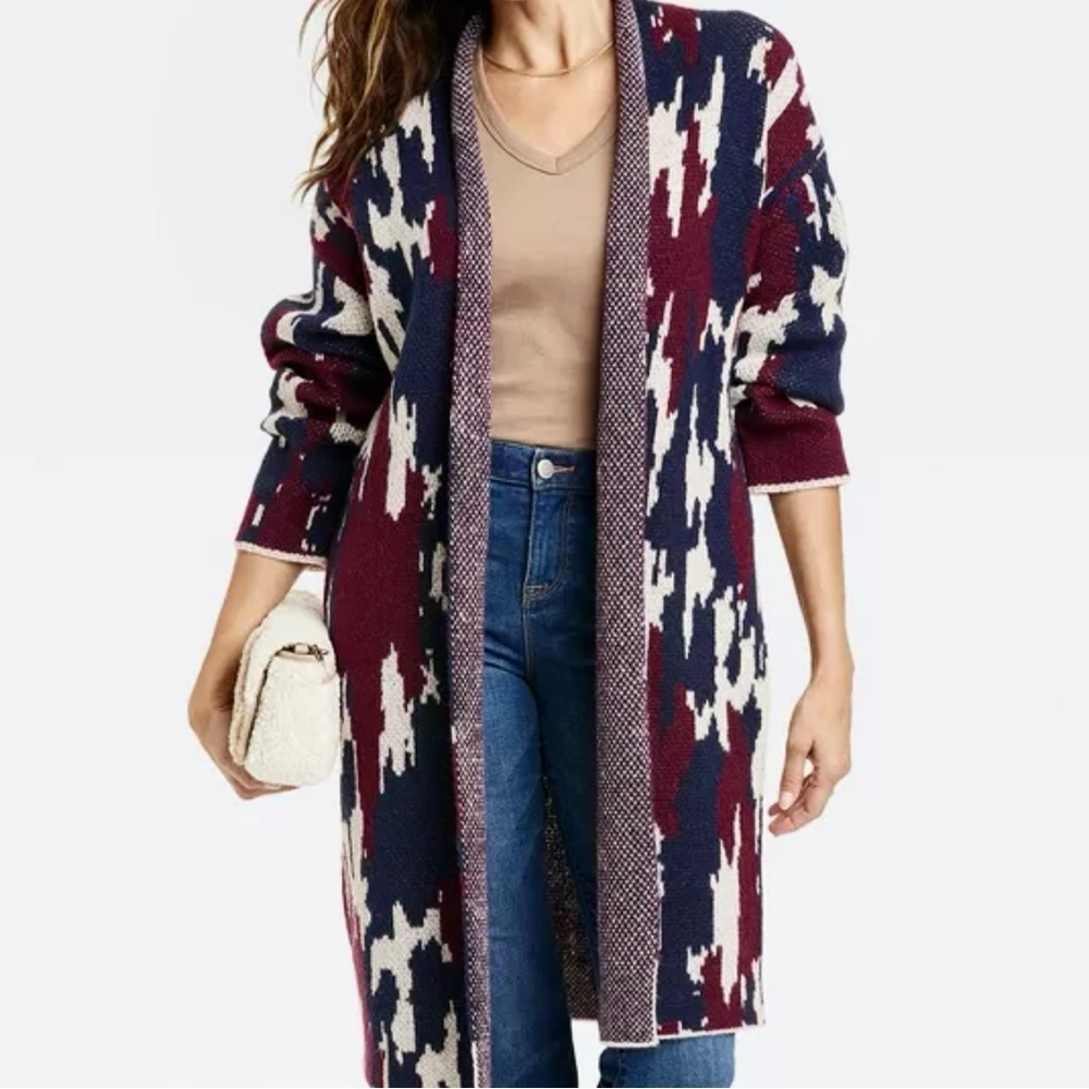 Knox Rose Oversized Cardigan Duster Open Front Burgundy Blue Printed Pockets XS